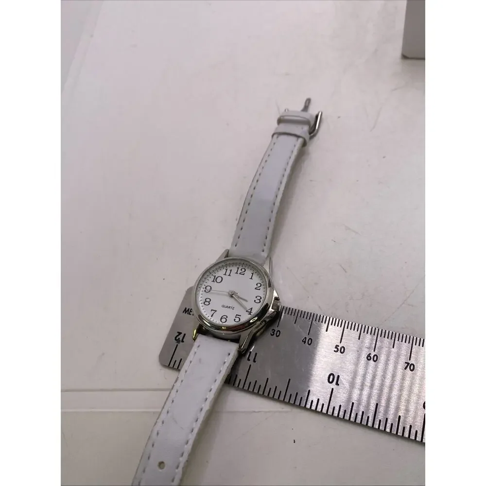 Accutime Womens White Leather Watch Works New Battery
